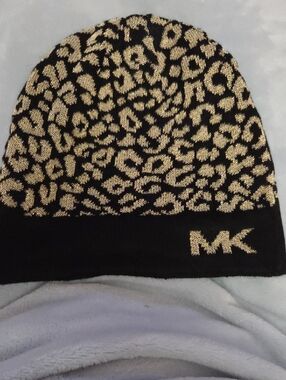 Michael Kors Black and Gold Leopard Knit Hat